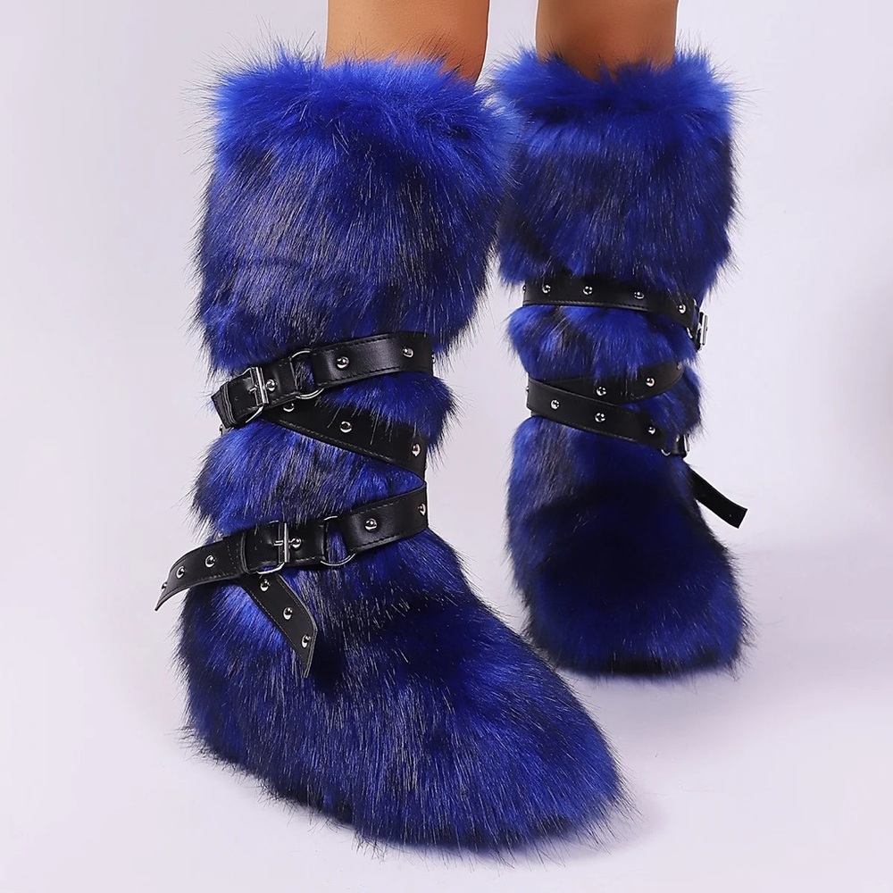 Blue Faux Fur Buckle Boots